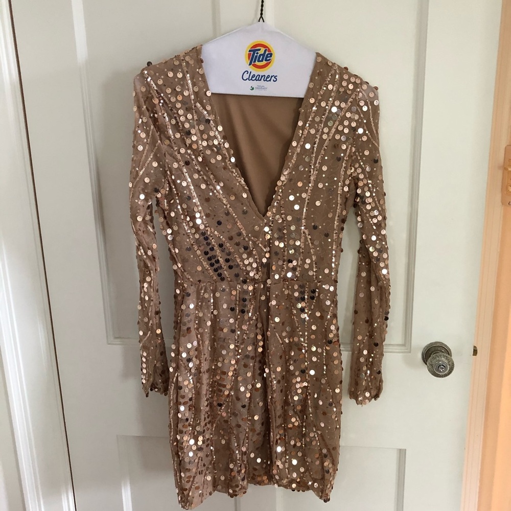 NWOT- long sleeve nude sparkly minidress